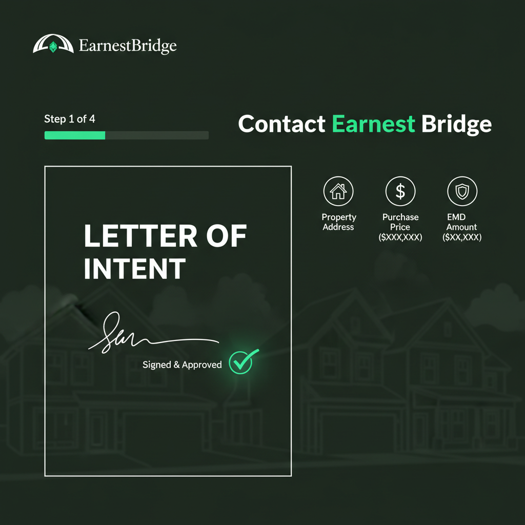 EarnestBridge fintech dashboard showing Letter of Intent signing process with digital document and property details