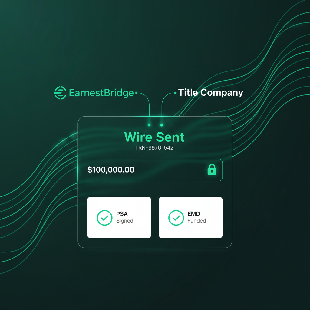 EarnestBridge fintech wire transfer visualization showing EMD funds sent to title company with confirmation