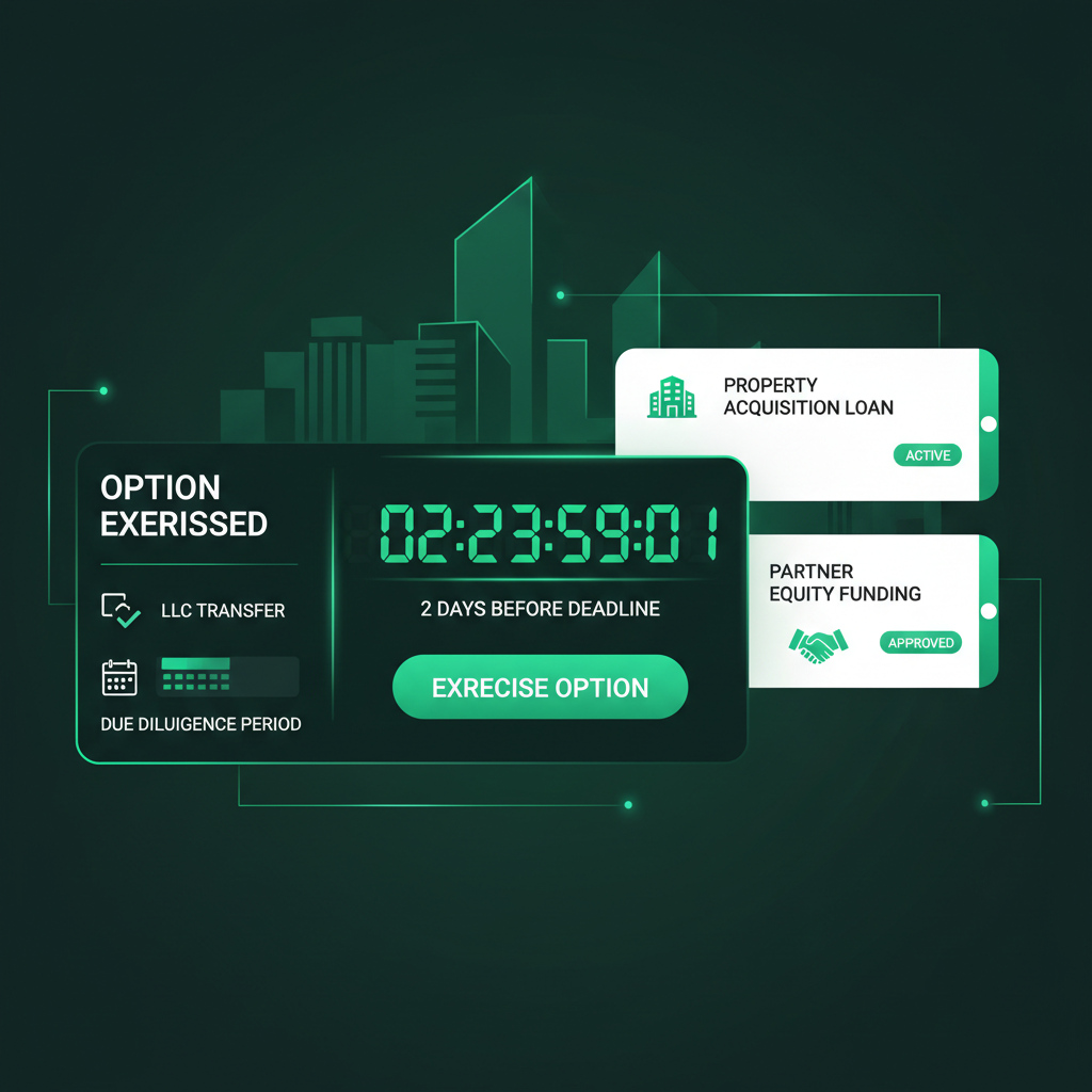 EarnestBridge fintech option exercise interface showing countdown timer and LLC transfer with due diligence deadline