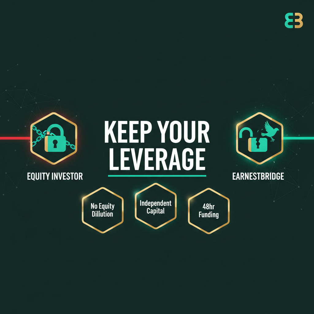 Comparison of equity investor leverage path versus EarnestBridge independent EMD financing path, showing freedom from equity dilution with No Equity Dilution and 48hr Funding cards