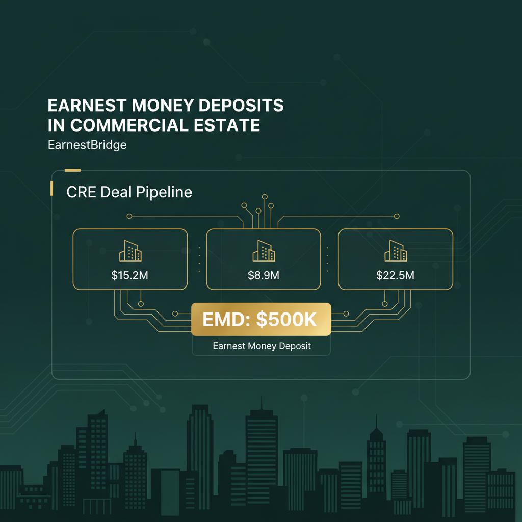 Commercial real estate skyline with digital CRE deal pipeline dashboard and EMD financing badge showing $500K earnest money deposit on dark green fintech background