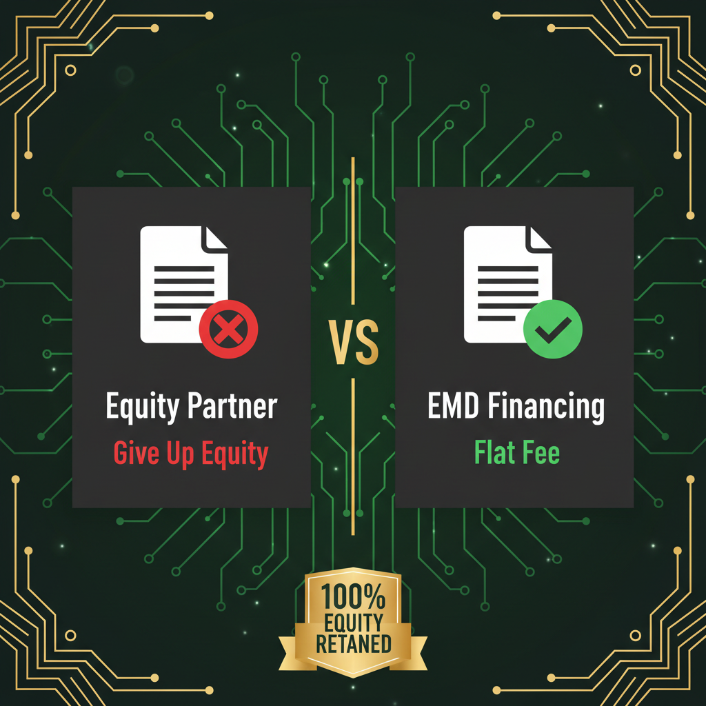Dark green fintech graphic showing equity partner crossed out versus EMD Financing with flat fee checkmark, and 100% EQUITY RETAINED badge