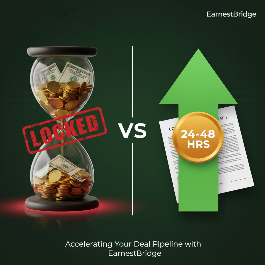 Split visual showing frozen capital locked in escrow on the left versus a fast-moving deal pipeline with 24–48 hour funding badge on the right, on dark green EarnestBridge background