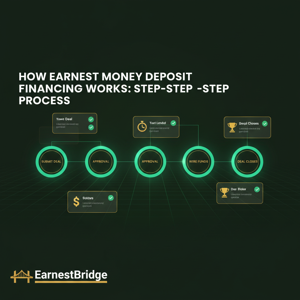 Step-by-step EMD financing process flow diagram showing Submit Deal, Approval, Wire Funds, and Deal Closes stages with EarnestBridge branding