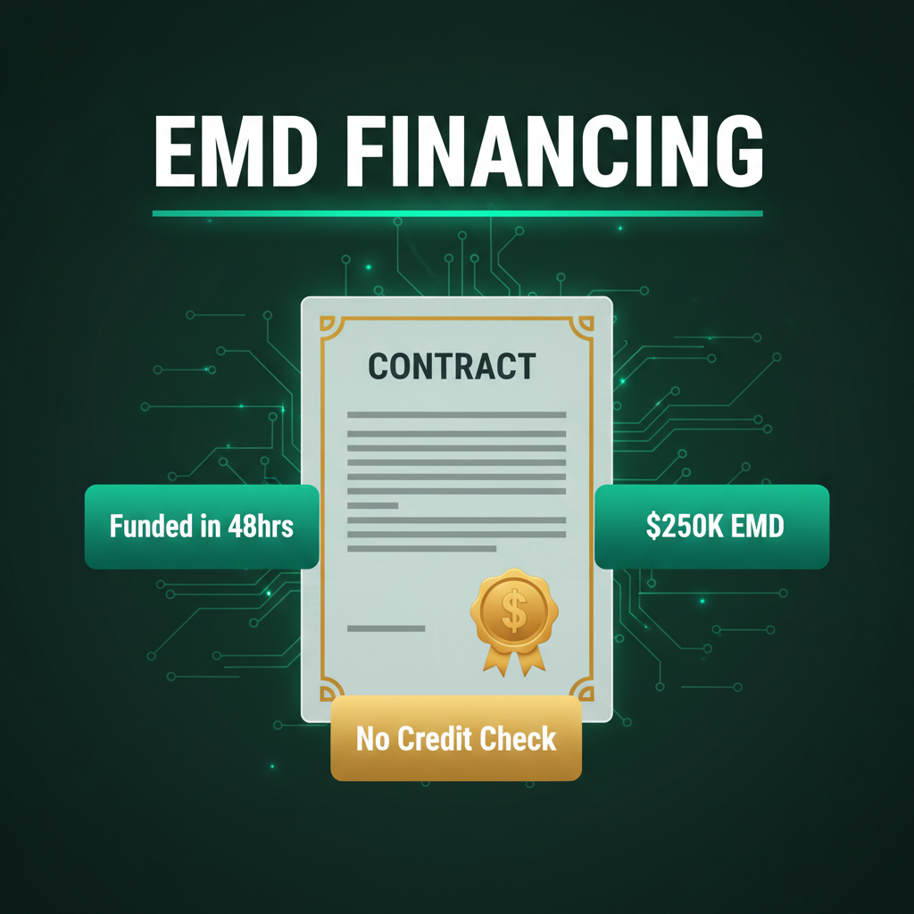 EarnestBridge EMD financing dashboard showing funded deal cards, contract documents, and 48-hour funding badge on dark green fintech background